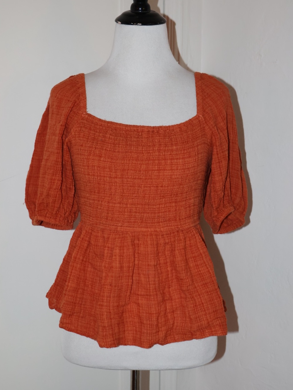 Boho Gauzy Square Neck Puff Sleeve Top Rust Small